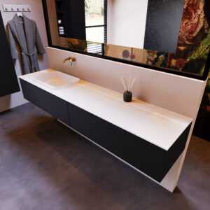 MONDIAZ ERIN 200cm badmeubel onderkast kleur Urban met 2 lades. Wastafel RIDGE links 0 kraangaten kleur Talc.