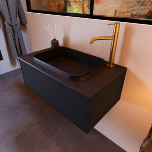 MONDIAZ ERIN 80cm badmeubel onderkast kleur Urban met 1 lade. Wastafel RIDGE midden 1 kraangat kleur Urban.