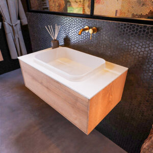 MONDIAZ ERIN 80cm badmeubel onderkast kleur Washed Oak met 1 lade. Wastafel RIDGE midden 0 kraangaten kleur Talc.