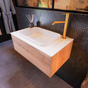 MONDIAZ ERIN 80cm badmeubel onderkast kleur Washed Oak met 1 lade. Wastafel RIDGE midden 1 kraangat kleur Talc.