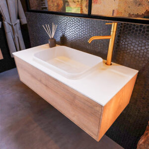 MONDIAZ ERIN 100cm badmeubel onderkast kleur Washed Oak met 1 lade. Wastafel RIDGE midden 1 kraangat kleur Talc.