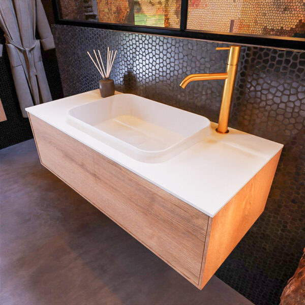 MONDIAZ ERIN 100cm badmeubel onderkast kleur Washed Oak met 1 lade. Wastafel RIDGE midden 1 kraangat kleur Talc.
