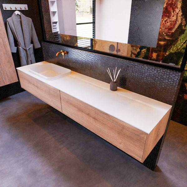 MONDIAZ ERIN 200cm badmeubel onderkast kleur Washed Oak met 2 lades. Wastafel RIDGE links 0 kraangaten kleur Talc.