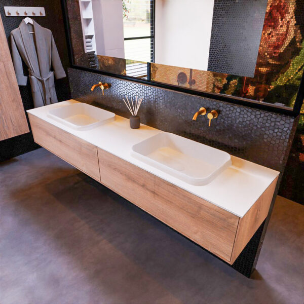 MONDIAZ ERIN 200cm badmeubel onderkast kleur Washed Oak met 2 lades. Wastafel RIDGE dubbel 0 kraangaten kleur Talc.