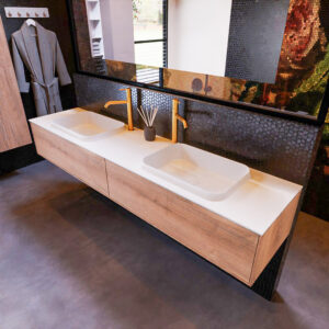MONDIAZ ERIN 200cm badmeubel onderkast kleur Washed Oak met 2 lades. Wastafel RIDGE dubbel 2 kraangaten kleur Talc.