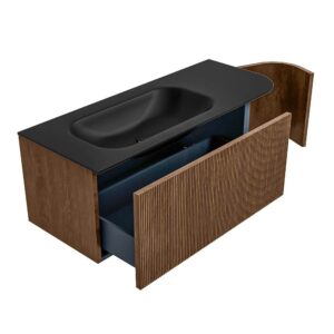 MONDIAZ KURVE 115cm badmeubel ronding Rechts kleur Walnut met 1 lade en 1 deur. Wastafel BIG SMALL Links 1 kraangat Urban.