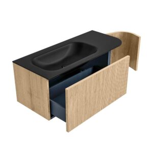 MONDIAZ KURVE 105cm badmeubel ronding Rechts kleur Oak met 1 lade en 1 deur. Wastafel BIG SMALL Links 1 kraangat Urban.