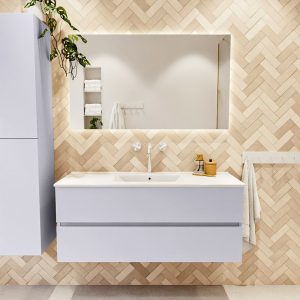 MONDIAZ VICA 120cm badmeubel onderkast Cale 2 lades. Wastafel Denia midden 1 kraangat, kleur Glanzend Wit met spiegel LED.
