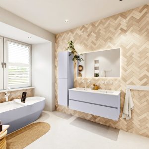 MONDIAZ VICA 120cm badmeubel onderkast Cale 2 lades. Wastafel Denia dubbel 2 kraangaten, kleur Glanzend Wit met spiegel LED.