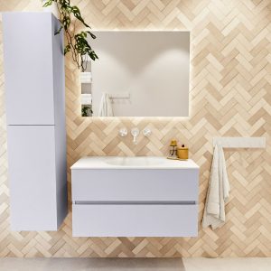 MONDIAZ VICA 90cm badmeubel onderkast Cale 2 lades. Wastafel Moon midden zonder kraangat, kleur Talc met spiegel LED.