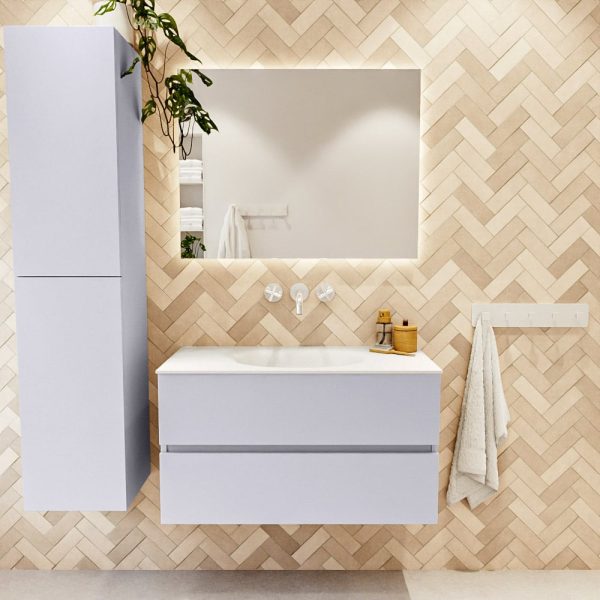 MONDIAZ VICA 90cm badmeubel onderkast Cale 2 lades. Wastafel Moon midden zonder kraangat, kleur Talc met spiegel LED.