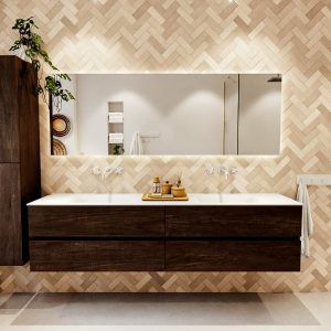 MONDIAZ VICA 200cm badmeubel onderkast Dark Brown 4 lades. Wastafel CLOUD dubbel zonder kraangat, kleur Talc met spiegel LED.