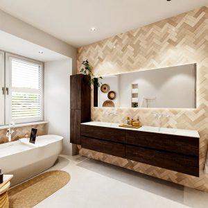 MONDIAZ VICA 200cm badmeubel onderkast Dark Brown 4 lades. Wastafel CLOUD dubbel zonder kraangat, kleur Talc met spiegel LED.