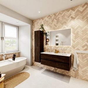 MONDIAZ VICA 120cm badmeubel onderkast Dark Brown 2 lades. Wastafel Denia dubbel 2 kraangaten, kleur Glanzend Wit met spiegel LED.
