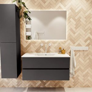 MONDIAZ VICA 100cm badmeubel onderkast Dark Grey 2 lades. Wastafel Denia midden 1 kraangat, kleur Glanzend Wit met spiegel LED.