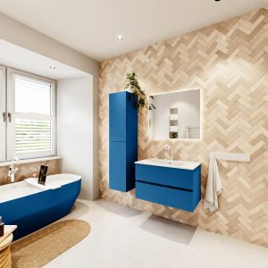 MONDIAZ VICA 80cm badmeubel onderkast Jeans 2 lades. Wastafel Denia midden 1 kraangat, kleur Glanzend Wit met spiegel LED.