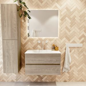MONDIAZ VICA 80cm badmeubel onderkast Light Brown Grey 2 lades. Wastafel CLOUD midden 1 kraangat, kleur Talc met spiegel LED.