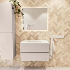 MONDIAZ VICA 80cm badmeubel onderkast Linen 2 lades. Wastafel Denia midden 1 kraangat, kleur Glanzend Wit met spiegel LED.