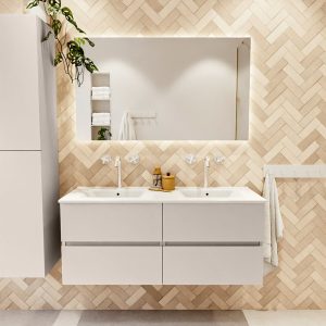 MONDIAZ VICA 120cm badmeubel onderkast Linen 4 lades. Wastafel Denia dubbel 2 kraangaten, kleur Glanzend Wit met spiegel LED.