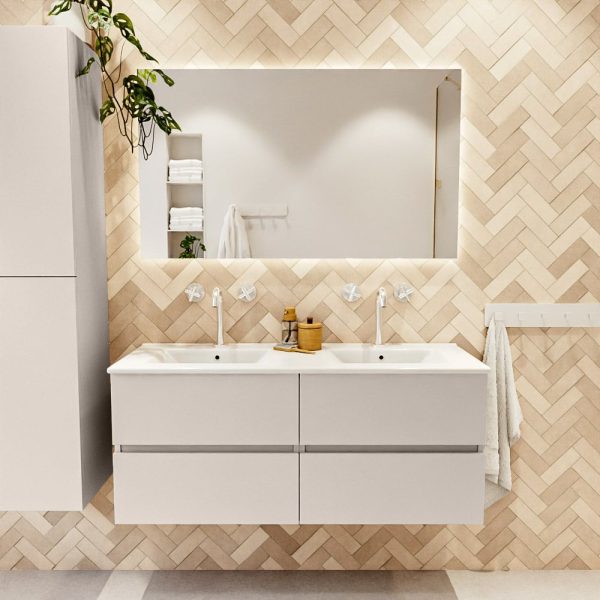 MONDIAZ VICA 120cm badmeubel onderkast Linen 4 lades. Wastafel Denia dubbel 2 kraangaten, kleur Glanzend Wit met spiegel LED.