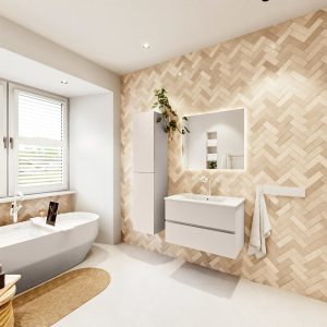 MONDIAZ VICA 80cm badmeubel onderkast Linen 2 lades. Wastafel Denia midden 1 kraangat, kleur Glanzend Wit met spiegel LED.