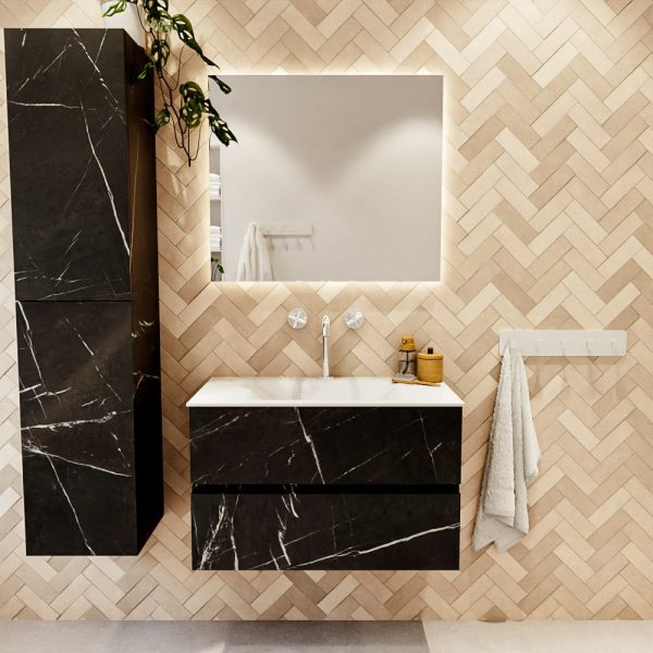 MONDIAZ VICA 80cm badmeubel onderkast Marquina 2 lades. Wastafel CLOUD midden 1 kraangat, kleur Talc met spiegel LED.