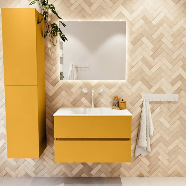 MONDIAZ VICA 80cm badmeubel onderkast Ocher 2 lades. Wastafel CLOUD midden 1 kraangat, kleur Talc met spiegel LED.