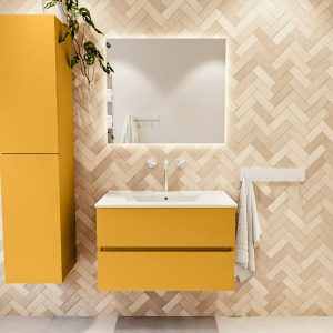 MONDIAZ VICA 80cm badmeubel onderkast Ocher 2 lades. Wastafel Denia midden 1 kraangat, kleur Glanzend Wit met spiegel LED.