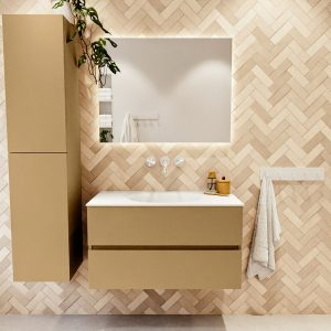 MONDIAZ VICA 90cm badmeubel onderkast Oro 2 lades. Wastafel Moon midden zonder kraangat, kleur Talc met spiegel LED.