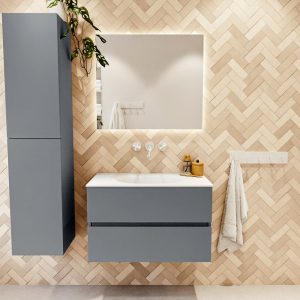 MONDIAZ VICA 80cm badmeubel onderkast Plata 2 lades. Wastafel Moon midden zonder kraangat, kleur Talc met spiegel LED.
