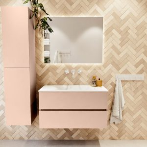 MONDIAZ VICA 90cm badmeubel onderkast Rosee 2 lades. Wastafel CLOUD midden zonder kraangat, kleur Talc met spiegel LED.