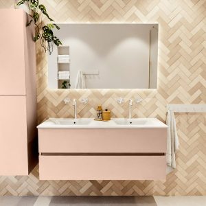 MONDIAZ VICA 120cm badmeubel onderkast Rosee 2 lades. Wastafel Denia dubbel 2 kraangaten, kleur Glanzend Wit met spiegel LED.