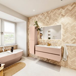 MONDIAZ VICA 120cm badmeubel onderkast Rosee 2 lades. Wastafel Denia dubbel 2 kraangaten, kleur Glanzend Wit met spiegel LED.