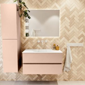 MONDIAZ VICA 90cm badmeubel onderkast Rosee 2 lades. Wastafel Moon midden zonder kraangat, kleur Talc met spiegel LED.