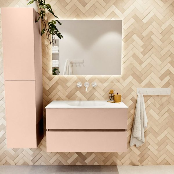 MONDIAZ VICA 90cm badmeubel onderkast Rosee 2 lades. Wastafel Moon midden zonder kraangat, kleur Talc met spiegel LED.