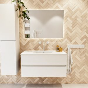 MONDIAZ VICA 100cm badmeubel onderkast Talc 2 lades. Wastafel Denia midden 1 kraangat, kleur Glanzend Wit met spiegel LED.