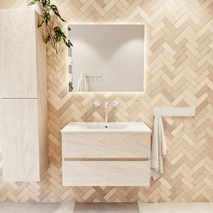 MONDIAZ VICA 80cm badmeubel onderkast Underlayment 2 lades. Wastafel Denia midden 1 kraangat, kleur Glanzend Wit met spiegel LED.