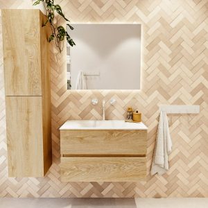 MONDIAZ VICA 80cm badmeubel onderkast Washed Oak 2 lades. Wastafel CLOUD midden 1 kraangat, kleur Talc met spiegel LED.