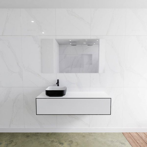 MONDIAZ LAGOM 130 badmeubel solid surface urban 1 lades BINX links 1 kraangat