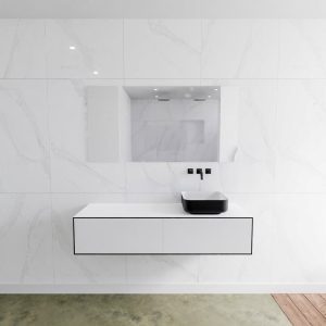 MONDIAZ LAGOM 140 badmeubel solid surface urban 2 lades BINX rechts 0 kraangaten