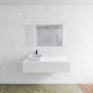 MONDIAZ LAGOM 130 badmeubel solid surface talc 2 lades BINX links 1 kraangat