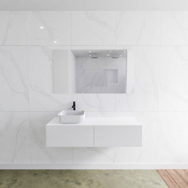 MONDIAZ LAGOM 130 badmeubel solid surface talc 2 lades BINX links 1 kraangat