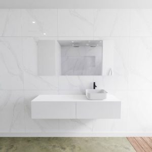 MONDIAZ LAGOM 150 badmeubel solid surface talc 2 lades BINX rechts 1 kraangat