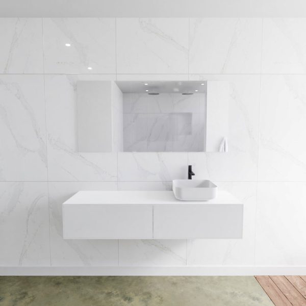 MONDIAZ LAGOM 150 badmeubel solid surface talc 2 lades BINX rechts 1 kraangat