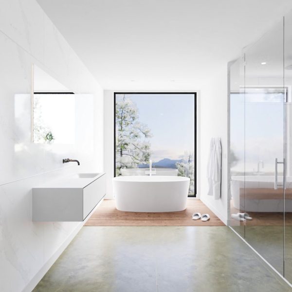 MONDIAZ LAGOM 120 badmeubel solid surface urban 1 lade CLOUD rechts 0 kraangaten