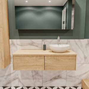 MONDIAZ LUSH 120 badmeubel washed oak 2 lades wastafel BARCO rechts 1 kraangat