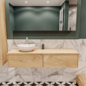 MONDIAZ LUSH 150 badmeubel washed oak 2 lades wastafel BARCO links 1 kraangat