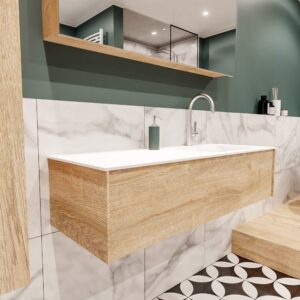 MONDIAZ LUSH 120 badmeubel washed oak 1 lade wastafel CLOUD rechts 1 kraangat