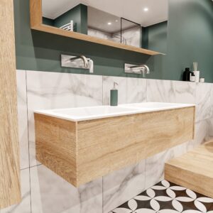 MONDIAZ LUSH 120 badmeubel washed oak 1 lade wastafel dubbel geen kraangat