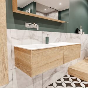 MONDIAZ LUSH 120 badmeubel washed oak 2 lades wastafel links geen kraangat